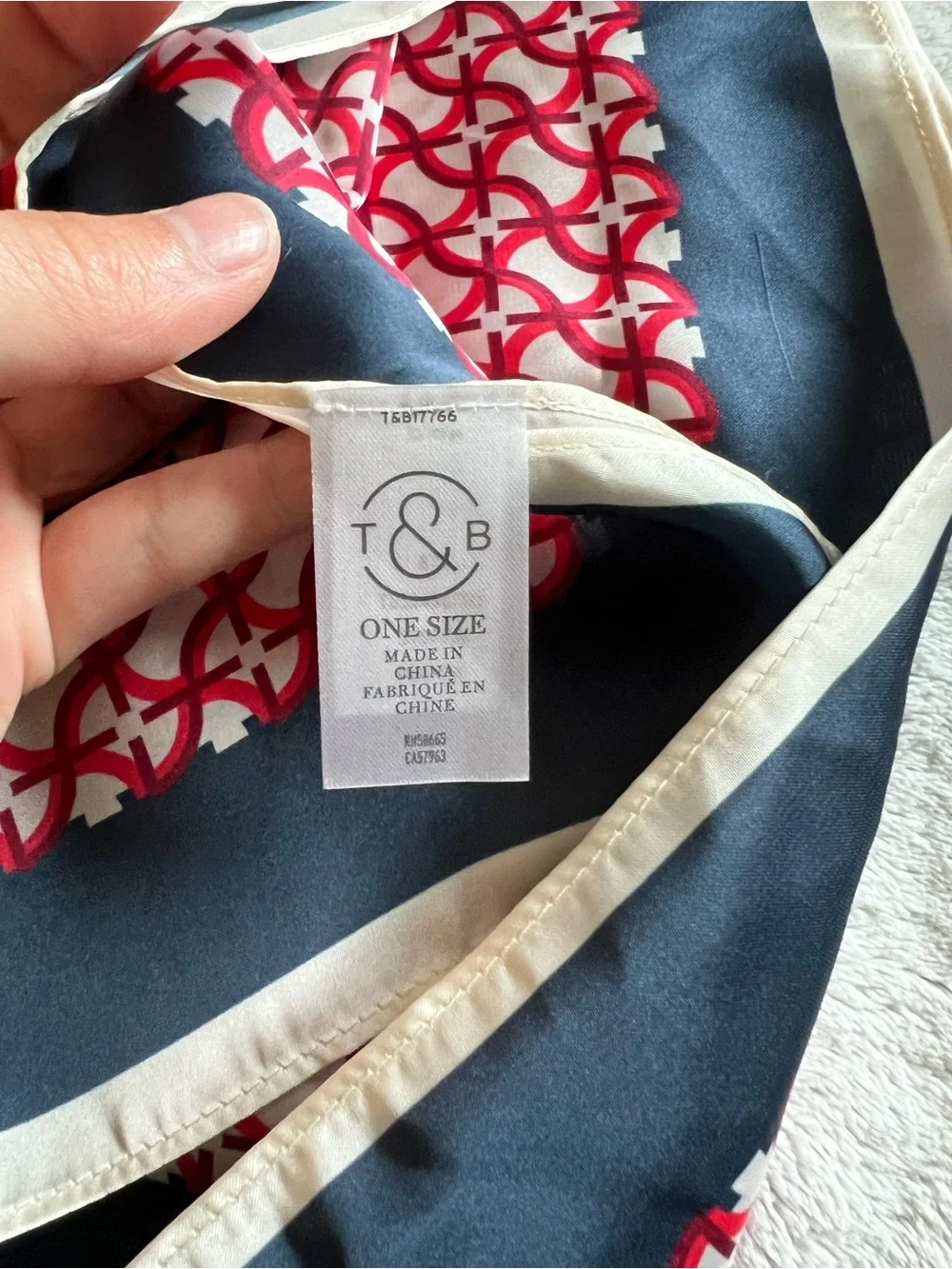 Treasure & Bond Floral Geometric Silk-Feel Scarf in Red, Navy & Cream